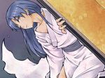  bangs blue_hair breasts doku_hebi dutch_angle fusuma grey_eyes idolmaster idolmaster_(classic) japanese_clothes kimono kisaragi_chihaya long_hair looking_at_viewer obi one_eye_closed open_door parted_bangs sash sitting sliding_doors small_breasts smirk solo yokozuwari 