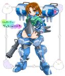  black_legwear black_swimsuit brown_eyes brown_hair crotch_plate densou_tenshi_valforce full_body gatling_gun gun hand_on_hip headgear highres karukan_(monjya) mecha_musume mechanical_arms missile one-piece_swimsuit short_hair smile solo standing swimsuit thighhighs translation_request tsukikage_ayaka weapon 