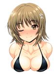  ;) bare_shoulders bikini black_bikini blush breast_rest breasts brown_eyes brown_hair cleavage closed_mouth collarbone flower full-face_blush hair_flower hair_ornament idolmaster idolmaster_cinderella_girls isse large_breasts looking_at_viewer mimura_kanako one_eye_closed simple_background smile solo swimsuit white_background 