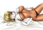  1girl aqua_eyes arrancar bed_sheet black_panties bleach blonde_hair breasts dark_skin espada flowerxl huge_breasts looking_at_viewer lying navel no_bra on_back panties shiny shiny_skin side-tie_panties solo tier_harribel underboob underwear 