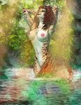  arms_above_head bathing breasts brown_hair feline female hair lizebra mammal nude ocelot outside solo water waterfall wet 