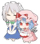  :d ^_^ apron bat_wings blue_dress bow box chibi closed_eyes commentary_request dress fang flapping full_body hat hat_bow highres izayoi_sakuya ladfa maid maid_headdress mob_cap multiple_girls open_mouth pink_dress puffy_short_sleeves puffy_sleeves remilia_scarlet shirt short_sleeves skirt skirt_set smile touhou transparent_background vest waist_apron wings 