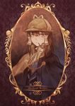  alternate_costume brown_hair cape character_name cosplay deerstalker expressionless frame hair_tubes hakurei_reimu hat looking_at_viewer norizc pipe pipe_in_mouth red_eyes sepia sherlock_holmes sherlock_holmes_(cosplay) short_hair sidelocks solo the_adventures_of_sherlock_holmes touhou upper_body waistcoat 