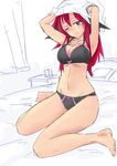  3692materia ;) arms_up bat_wings bed black_bra black_panties bra breasts cleavage demon_girl head_wings koakuma lace lace-trimmed_bra lace-trimmed_panties large_breasts long_hair looking_at_viewer navel one_eye_closed panties partially_colored red_eyes red_hair shirt sitting sketch smile solo touhou underwear underwear_only undressing wariza wings 
