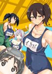  alternate_costume aoi_manabu black_eyes black_hair blush breasts brown_hair diving_mask diving_mask_on_head fang hair_ribbon heart i-19_(kantai_collection) kaga_(kantai_collection) kantai_collection large_breasts looking_at_viewer maru-yu_(kantai_collection) matching_outfit multiple_girls name_tag off_shoulder old_school_swimsuit one-piece_swimsuit open_mouth pink_hair red_eyes rei_no_pool ribbon school_swimsuit side_ponytail smile souryuu_(kantai_collection) sweatdrop swimsuit translated twintails 