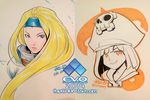  blonde_hair blue_eyes blue_headband evolution_championship_series face guilty_gear hat headband jeffrey_cruz lips long_hair marker_(medium) may_(guilty_gear) millia_rage multiple_girls pirate_hat traditional_media upper_body very_long_hair 