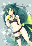  bikini black_bikini breasts frilled_bikini frills gatchaman_crowds green_eyes green_hair grey_background highres kisara04 leg_garter long_hair looking_at_viewer small_breasts solo swimsuit utsutsu very_long_hair 