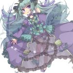  anklet aqua_hair astaroth_(p&amp;d) bloomers blush bow demon_girl demon_horns dress fishnets frilled_dress frilled_sleeves frills hair_ornament horns jewelry kawachi_(hina) long_hair long_sleeves open_mouth plant puffy_long_sleeves puffy_sleeves purple_bow purple_dress purple_eyes puzzle_&amp;_dragons simple_background smile solo star striped twintails underwear vines white_background 