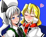  alice_margatroid bad_anatomy blonde_hair blue_eyes capelet frilled_ribbon frills headband heart konpaku_youmu konpaku_youmu_(ghost) multiple_girls open_mouth ribbon saliva saliva_trail sei_(kaien_kien) touhou yuri 