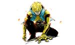  bad_id bad_pixiv_id black_sclera blonde_hair cyborg esuo_(sokamen) genos male_focus one-punch_man one_knee short_hair sleeveless vest yellow_eyes 