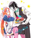  1girl alexa_pasztor aqua_eyes artist_name black_hair bleach blush bow bowtie breasts chair doughnut food inoue_orihime large_breasts maid maid_headdress orange_hair purple_eyes sitting sparkle star thighhighs tray ulquiorra_cifer vest white_skin wrist_cuffs zettai_ryouiki 