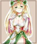  bad_id bad_pixiv_id blonde_hair blush breasts cleavage dress freyja_(p&amp;d) green_eyes hair_ornament hat hat_leaf jewelry large_breasts leaf long_hair necklace pointy_ears ponpon_(444) purple_ribbon puzzle_&amp;_dragons ribbon solo tan_background wristband 