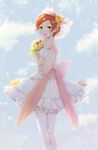  bad_id bad_pixiv_id bouquet bow dress flower frilled_dress frills hoshizora_rin ivioss looking_at_viewer looking_back love_live! love_live!_school_idol_project love_wing_bell orange_hair short_hair smile solo thighhighs yellow_eyes zettai_ryouiki 