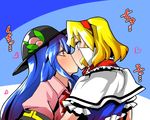  alice_margatroid blonde_hair capelet food frilled_ribbon frills fruit hat heart hinanawi_tenshi kiss long_hair multiple_girls peach red_eyes ribbon sei_(kaien_kien) touhou yuri 