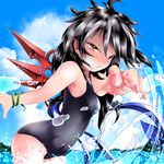  ahoge alternate_costume armpits asymmetrical_wings black_hair blue_sky breasts cloud day fingernails foreshortening grin houjuu_nue leaning_forward looking_at_viewer medium_breasts one-piece_swimsuit reaching_out red_eyes school_swimsuit shore short_hair sky smile solo splashing swimsuit teinba touhou water water_drop wings 