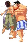  1girl alternate_breast_size baggy_pants barefoot bearhug between_breasts black_hair bra breasts brown_hair choker chonmage clenched_teeth clothes_around_waist edmond_honda facepaint folded_ponytail head_between_breasts huge_breasts johnrokk loincloth makoto_(street_fighter) muscle pain pants red_bra ribbon_choker shirtless soles strapless strapless_bra street_fighter sumo sweat teeth toes underwear 