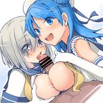  2girls blue_eyes blue_hair blush breast_press breasts censored cum double_bun elbow_gloves fujii_jun gloves group_sex hair_ornament hair_over_one_eye hairclip hamakaze_(kantai_collection) hat hetero huge_breasts kantai_collection large_breasts long_hair looking_at_viewer multiple_girls multiple_paizuri nipples open_mouth paizuri penis school_uniform serafuku short_hair silver_hair sleeves_rolled_up smile symmetrical_docking teamwork threesome tongue urakaze_(kantai_collection) white_gloves white_hat yellow_neckwear 