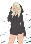  artist_name bare_legs blonde_hair character_request copyright_request cowboy_shot dark_skin drill_hair english eyelashes green_eyes hood hoodie joy_ride lips lipstick long_hair makeup no_pants sidelocks signature simple_background sketch solo standing twin_drills white_background 