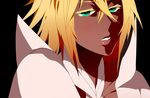  1girl 7wata_himori aqua_eyes arrancar black_background bleach blonde_hair colored_eyelashes dark_skin eyelashes female looking_at_viewer parted_lips short_hair simple_background solo tier_harribel 