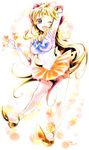  ;d aino_minako arm_up armpits back_bow bare_legs bishoujo_senshi_sailor_moon blonde_hair blue_eyes blush bow choker circlet full_body hair_bow heart jamu long_hair magical_girl one_eye_closed open_mouth orange_choker orange_footwear orange_sailor_collar orange_skirt pleated_skirt sailor_collar sailor_senshi_uniform sailor_venus shoes signature skirt smile solo 