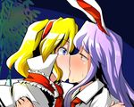  alice_margatroid animal_ears bamboo blonde_hair blue_eyes bunny_ears capelet frilled_ribbon frills kiss multiple_girls red_eyes reisen_udongein_inaba ribbon sei_(kaien_kien) sweat touhou yuri 