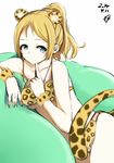  animal_ears animal_print ayase_eli bikini blonde_hair blue_eyes blush breasts cat_ears highres large_breasts leopard_ears leopard_print leopard_tail looking_at_viewer love_live! love_live!_school_idol_project momo_(higanbana_and_girl) ponytail short_hair smile solo swimsuit tail wristband 