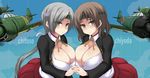  aircraft airplane blush breasts brown_eyes brown_hair character_name chitose_(kantai_collection) chiyoda_(kantai_collection) cleavage headband holding_hands jema kantai_collection large_breasts long_hair looking_at_viewer multiple_girls ponytail short_hair silver_hair smile 