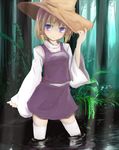  blonde_hair blouse forest grass hair_ribbon hat hat_tug highres lake light_rays long_sleeves mokichi812 moriya_suwako nature purple_eyes ribbon ripples short_hair skirt solo sunbeam sunlight thighhighs touhou tree vest wading water white_legwear 