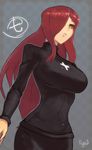  breasts cross hair_over_one_eye large_breasts lips long_hair parasoul_(skullgirls) parted_lips red_hair ryuji_(red-truth) skirt skirt_set skullgirls solo sweater turtleneck yellow_eyes 