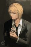  alternate_costume bad_id bad_pixiv_id black_background blonde_hair fancybetty formal green_eyes hunter_x_hunter jewelry kurapika looking_away male_focus necktie ring serious signature solo suit 