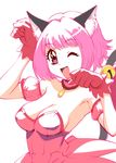  animal_ears bell breasts cat_ears cat_tail choker cleavage detached_sleeves dress gloves jewelry jingle_bell medium_breasts mew_ichigo momomiya_ichigo one_eye_closed paw_pose pendant pink_choker pink_eyes pink_hair red_gloves short_hair smile solo tail tail_bell tokyo_mew_mew ueyama_michirou upper_body 