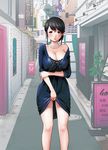  black_hair blush breasts brick_wall cleavage day dress dress_lift exhibitionism huge_breasts jewelry lips looking_at_viewer love_hotel necklace off_shoulder outdoors parted_lips purple_eyes shikishiro_konomi short_hair solo utility_pole 