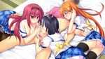  1boy 3girls ass atou_tsubaki bed black_hair blue_eyes blush bow breasts caressing_testicles censored chiri_(atlanta) chuablesoft cum double_handjob ejaculation facial game_cg handjob headband highres hinohara_kei long_hair multiple_girls nipples orange_hair orgasm panties penis pink_eyes pink_panties purple_hair sawamiya_shiori school_uniform short_hair stockings thighhighs twintails underwear uniform wagaya_no_himegami-sama! yellow_eyes 