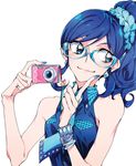  aikatsu! aikatsu!_(series) armband bare_shoulders bespectacled blue_eyes blue_hair camera earrings glasses jewelry kiriya_aoi long_hair nail_art nail_polish necktie plaid scrunchie side_ponytail sleeveless smile solo tima 