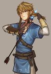  adjusting_hair arrow belt commentary_request cutting_hair earrings highres jewelry korean_commentary link male_focus mimme_(haenakk7) pointy_ears ponytail solo the_legend_of_zelda the_legend_of_zelda:_breath_of_the_wild 