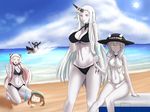  airfield_hime beach cat commentary_request cooler day error_musume food girl_holding_a_cat_(kantai_collection) hakuduki18 hat horns kantai_collection long_hair multiple_girls pale_skin popsicle re-class_battleship red_eyes seaport_hime shinkaisei-kan short_hair shovel sun swimsuit twintails white_hair wo-class_aircraft_carrier yellow_eyes 