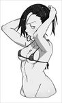  adjusting_hair arms_up bikini bikini_top black_hood breasts cross greyscale groin hair_over_one_eye highres jewelry kamezaemon md5_mismatch micro_bikini monochrome mouth_hold multicolored_hair navel necklace no_legs original ponytail rubber_band small_breasts solo swimsuit two-tone_hair 