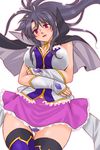  blush breasts capelet cleavage commentary highres large_breasts long_hair lyrical_nanoha mahou_shoujo_lyrical_nanoha_innocent panties ponytail precia_testarossa purple_hair purple_panties red_eyes shinanoya_(satanicad) skirt solo thighhighs underwear 