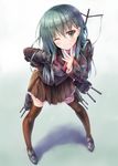  blush brown_legwear green_eyes green_hair grin hair_ornament hairclip hand_on_hip jewelry kantai_collection leaning_forward long_hair looking_at_viewer one_eye_closed ring school_uniform skirt smile solo standing suien suzuya_(kantai_collection) thighhighs wedding_band zettai_ryouiki 