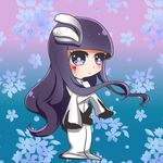  1girl alternate_hair_color arrancar bangs bleach blue_background blunt_bangs chibi crossed_arms cyan_sung-sun facial_mark flower hair_ornament highres long_hair looking_at_viewer purple_background purple_eyes purple_hair sleeves_past_wrists solo standing two-tone_background umi_(totoron_kjp) very_long_hair 