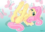  blush equine female feral fluttershy_(mlp) friendship_is_magic fur green_eyes hair lying mammal my_little_pony on_back pegasus pink_hair presenting pussy solo syoee_b wings yellow_fur 