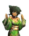  animal_ears bandaid bandaid_on_nose blue_eyes blush breasts cat_ears dark_skin green_hair japanese_clothes kimono looking_at_viewer medium_breasts open_mouth original pekoneko short_hair simple_background smile solo white_background 