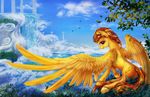  cloud cutie_mark equine feathers feral friendship_is_magic fur grass hair hooves looking_at_viewer mammal my_little_pony outside pegasus sky smile solo spitfire_(mlp) viwrastupr wings wonderbolts_(mlp) yellow_fur 