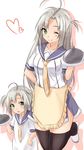  ;q ahoge alternate_hair_length alternate_hairstyle apron arm_behind_back black_legwear blush commentary_request green_eyes heart highres if_they_mated kantai_collection kinugasa_(kantai_collection) mother_and_daughter multiple_girls one_eye_closed open_mouth remodel_(kantai_collection) saku_(kudrove) school_uniform serafuku serving_dome silver_hair thighhighs tongue tongue_out yellow_neckwear younger zettai_ryouiki 