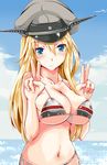  bikini bismarck_(kantai_collection) blonde_hair blue_eyes blue_sky blush breasts cloud day double_v frown hanchou_(shirokun555) hat kantai_collection large_breasts long_hair military_hat navel seaside side-tie_bikini sky solo swimsuit upper_body v 