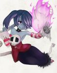  1girl blue_hair blue_skin bone bones detached_sleeves female fire hair_over_one_eye leviathan_(skullgirls) monster_girl parasite purple_fire red_eyes short_hair shoulders side_ponytail skeleton skull skullgirls sleeves squigly_(skullgirls) stitched_mouth zombie 