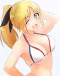  armpits bikini blonde_hair blue_eyes breasts freckles hair_ribbon katharine_ohare large_breasts liar_lawyer looking_at_viewer one_eye_closed open_mouth ponytail ribbon solo swimsuit underboob world_witches_series 