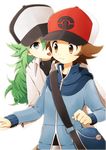  baseball_cap blue_eyes brown_eyes brown_hair green_hair hat long_hair male_focus multiple_boys n_(pokemon) pokemon pokemon_(game) pokemon_bw smile tongue tongue_out touya_(pokemon) yaoi 