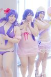  3girls asian breasts cosplay fat green_eyes large_breasts love_live!_school_idol_project multiple_girls obese photo purple_hair sakusan toujou_nozomi toujou_nozomi_(cosplay) 