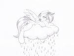  black_and_white cloud cutie_mark equine female friendship_is_magic joey-darkmeat lying mammal monochrome my_little_pony pegasus rain rainbow_dash_(mlp) raining solo wings 
